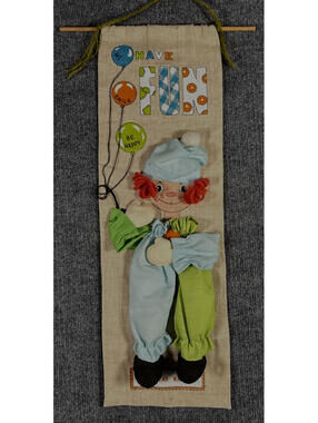 Clown Doll Felt Painted Happy Face Yarn Hair Pom-Pom Buttons Canvas Wall Art